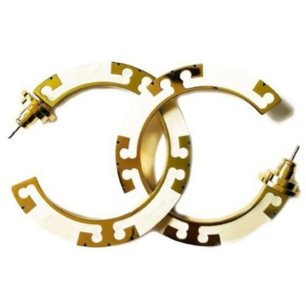 NWT TORY BURCH T-STRIPE IVORY GOLD HOOP EARRINGS - Picture 5 of 7